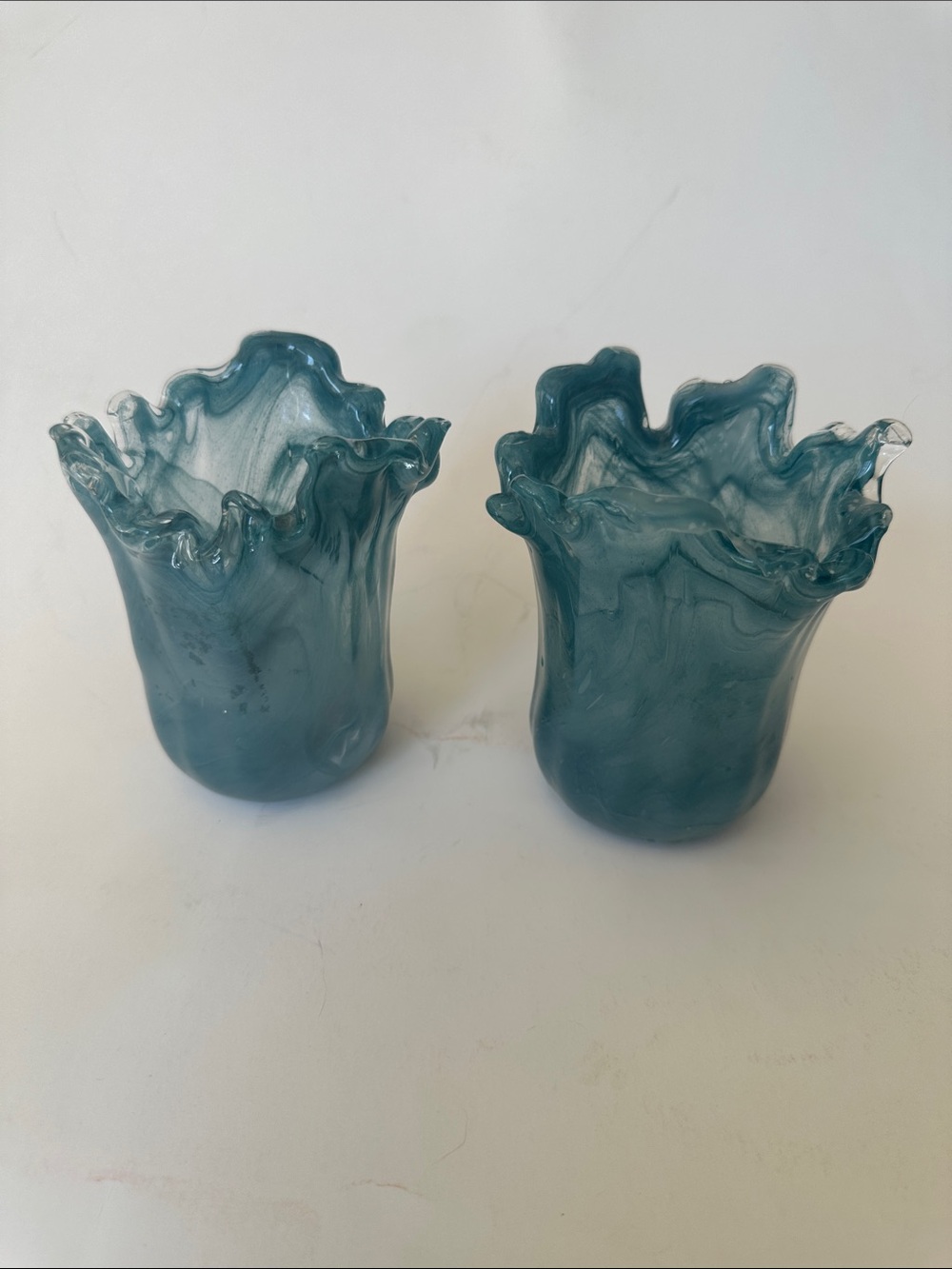 Hand-Blown Teal Glass Ruffled Votive Holders - Set of 2